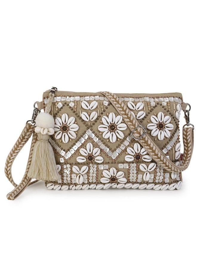 Anekaant Women Boho Beige & White Cotton Jute & Canvas Boho Embellished Sling Bag - Image 1